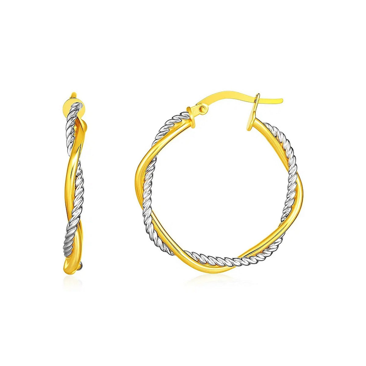 14k Yellow and Two Part Textured Twisted Round Hoop Earrings