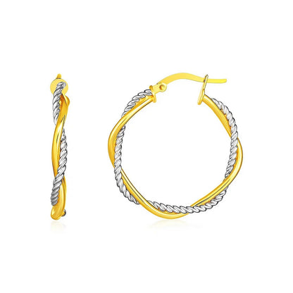 14k Yellow and Two Part Textured Twisted Round Hoop Earrings
