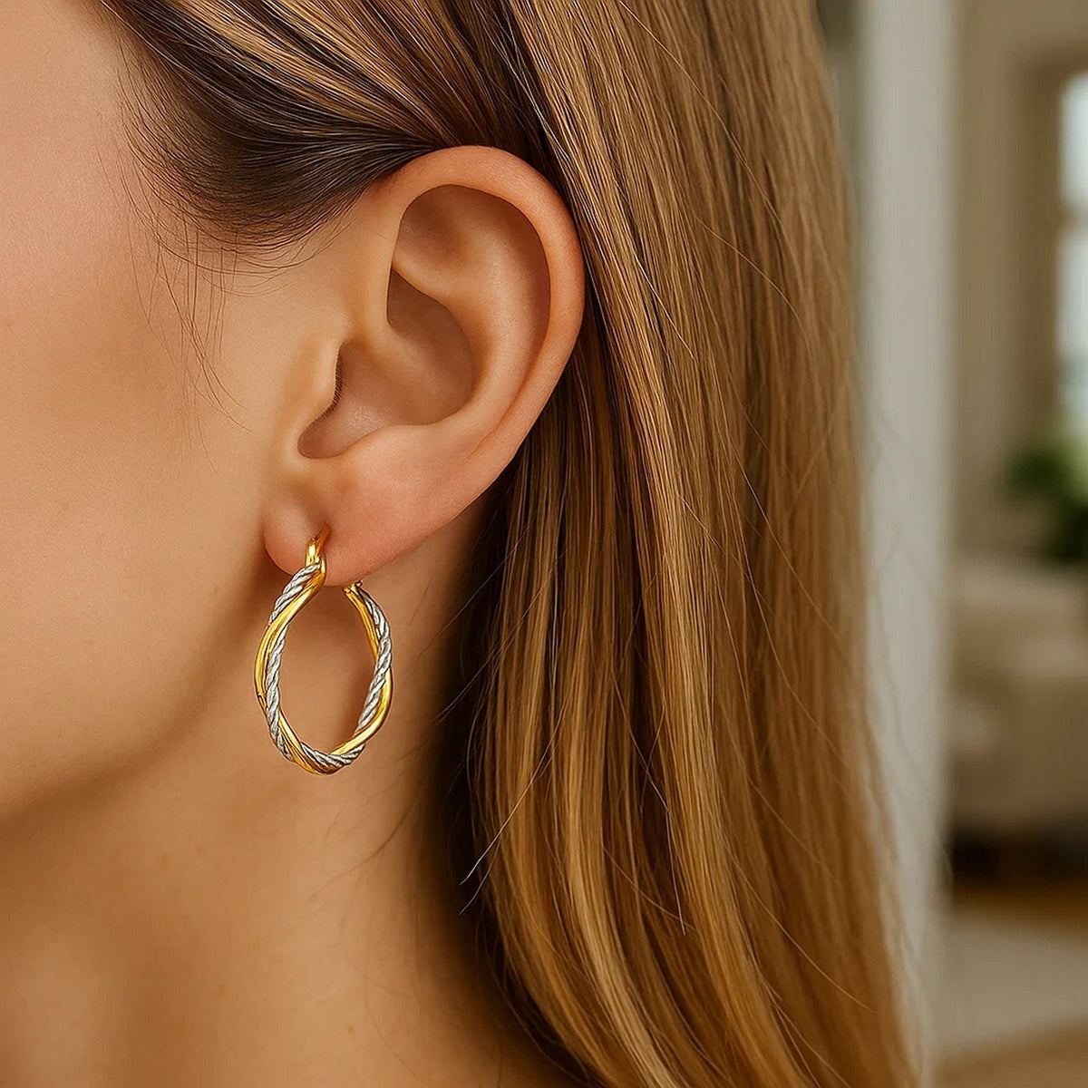 14k Yellow and Two Part Textured Twisted Round Hoop Earrings