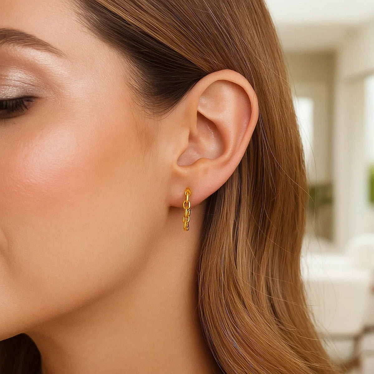 14k Yellow Gold Delicate Chain Hoop Earrings