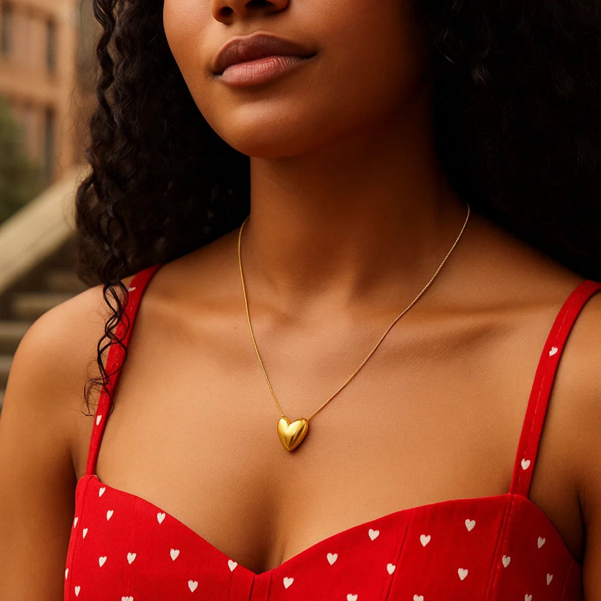 Large Puffed Heart Necklace in 14K Yellow Gold