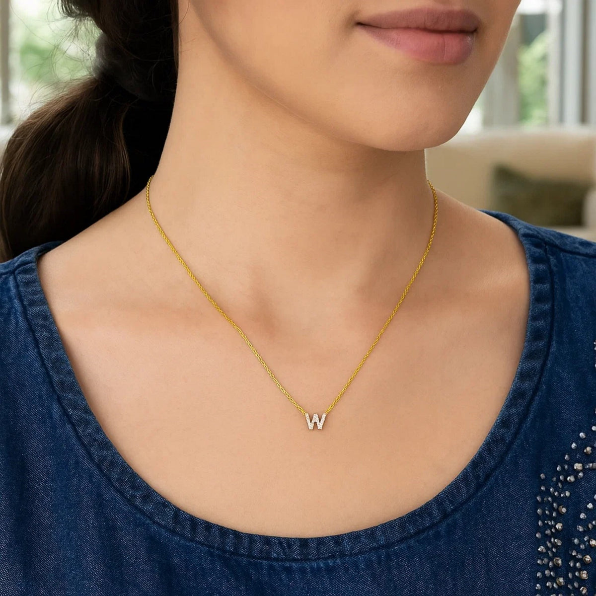 14K Yellow Gold Mini Diamond W Initial Pendant Necklace
