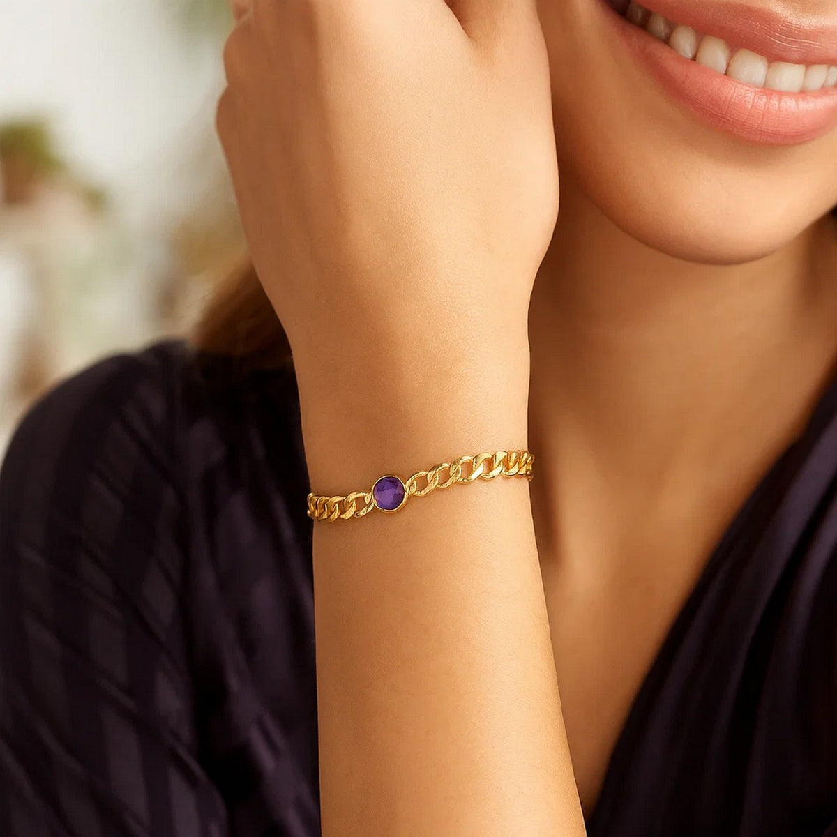 14K Yellow Gold Amethyst Curb Chain Bracelet (3.60 mm)