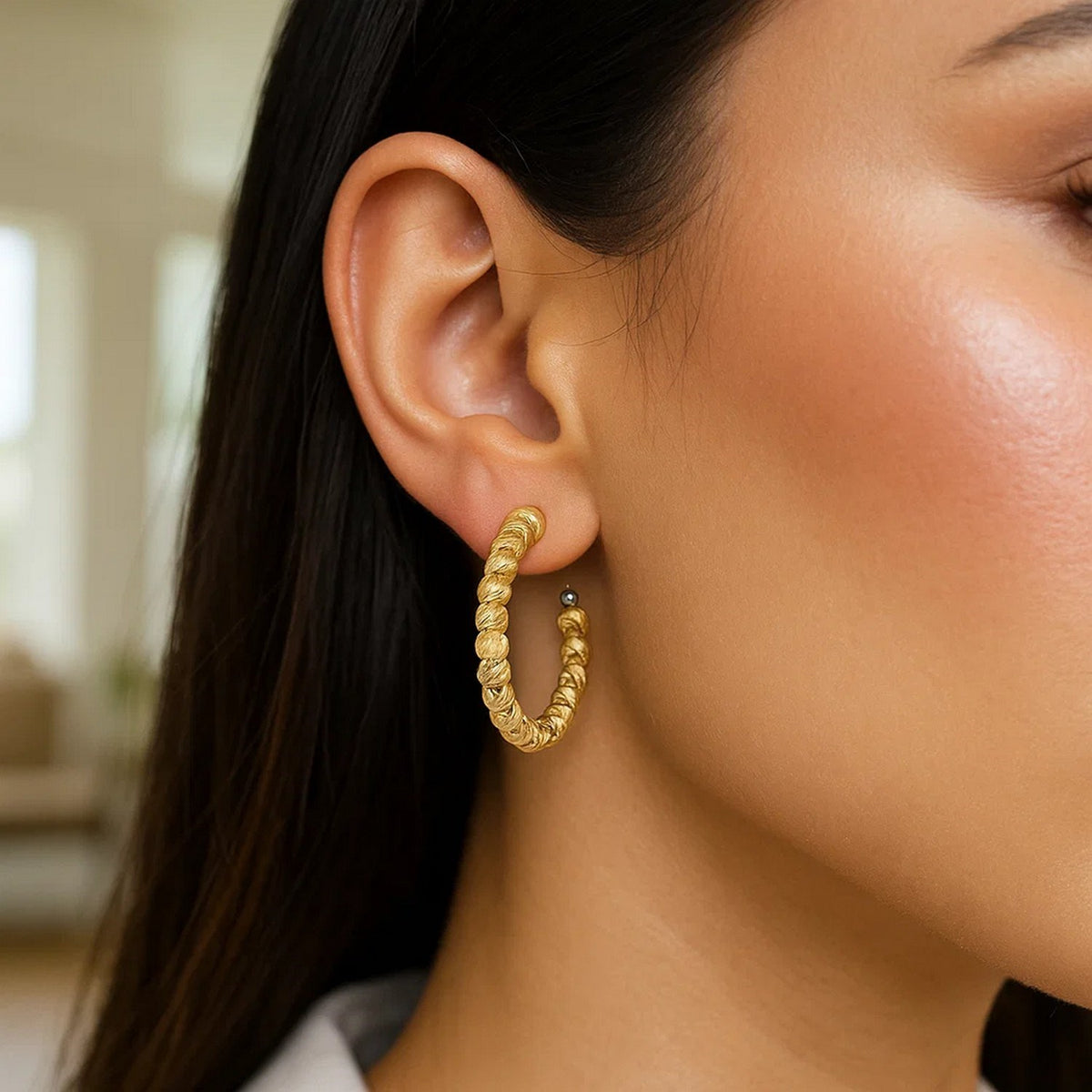 14K Yellow Gold Bead Hoop Earrings
