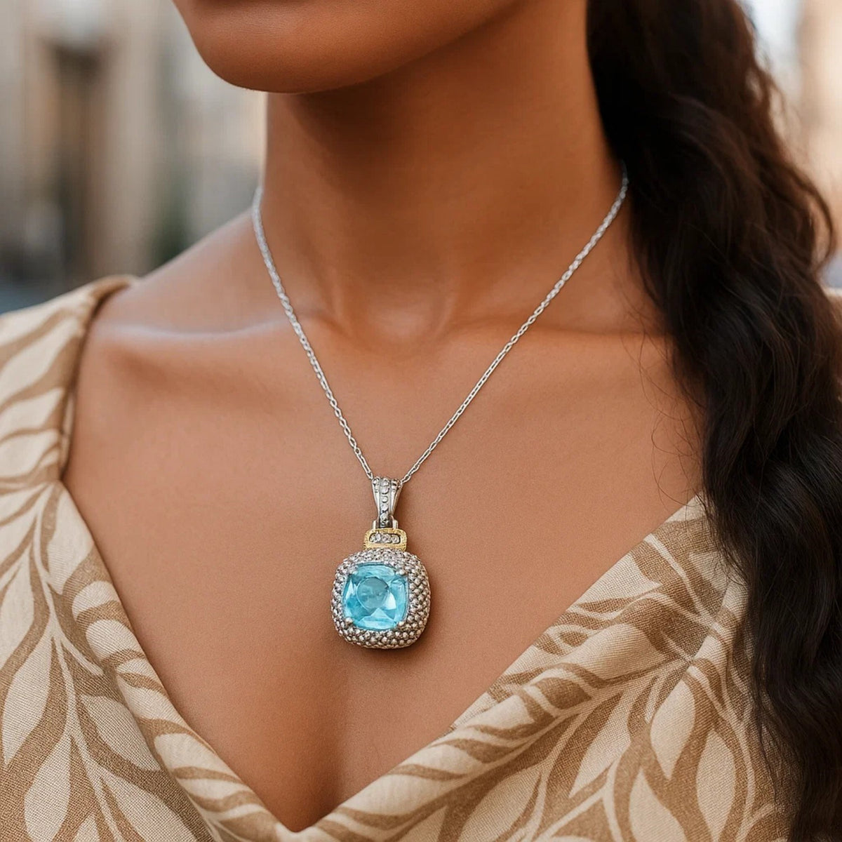 18k Yellow Gold & Sterling Silver Popcorn Sky Blue Topaz and Diamond Pendant