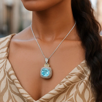 18k Yellow Gold & Sterling Silver Popcorn Sky Blue Topaz and Diamond Pendant