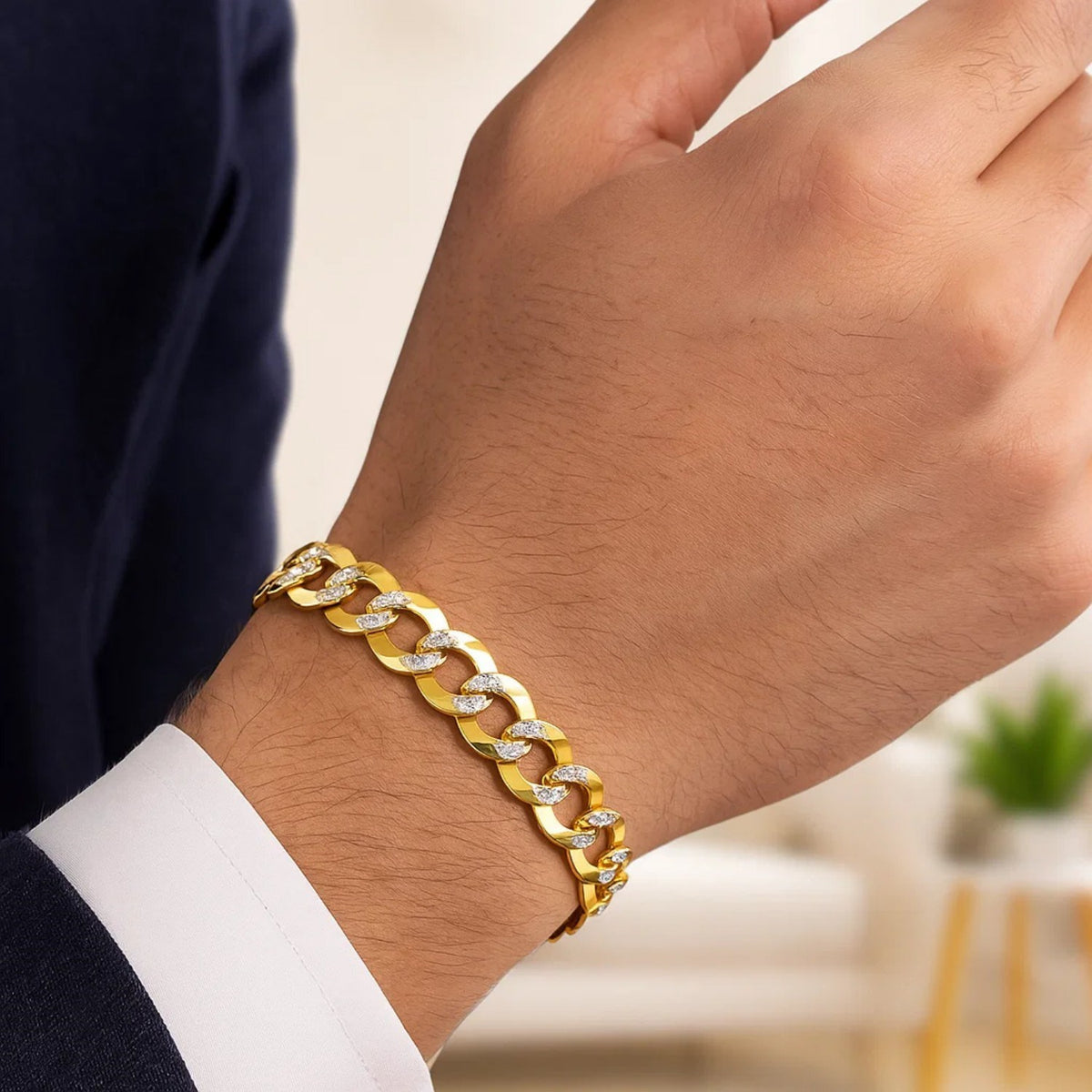 14k Two Tone Gold Pave Curb Bracelet (9.70 mm)