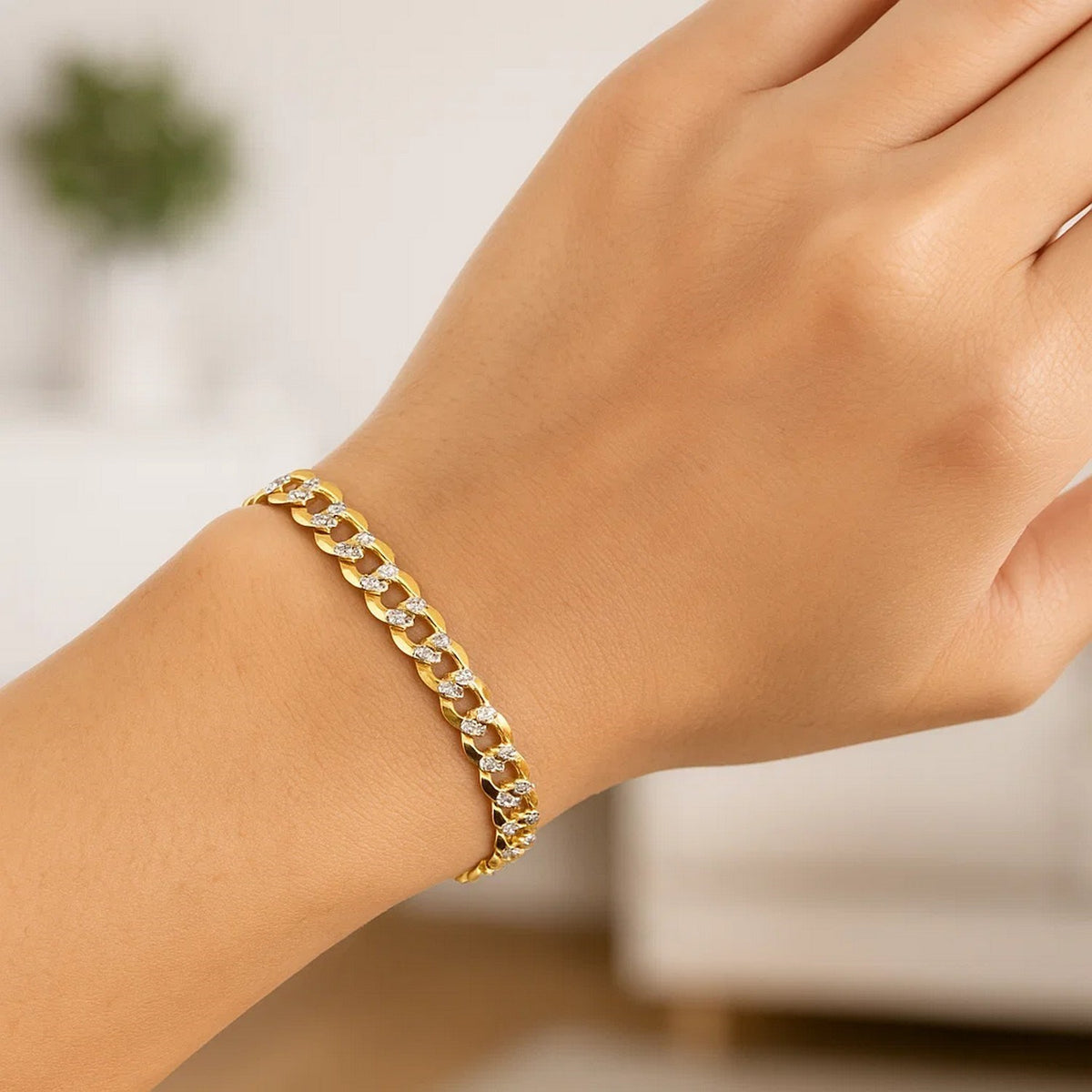 14k Two Tone Gold Pave Curb Bracelet (9.70 mm)