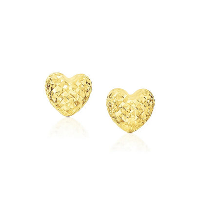 14k Yellow Gold Puffed Heart Earrings with Diamond Cuts