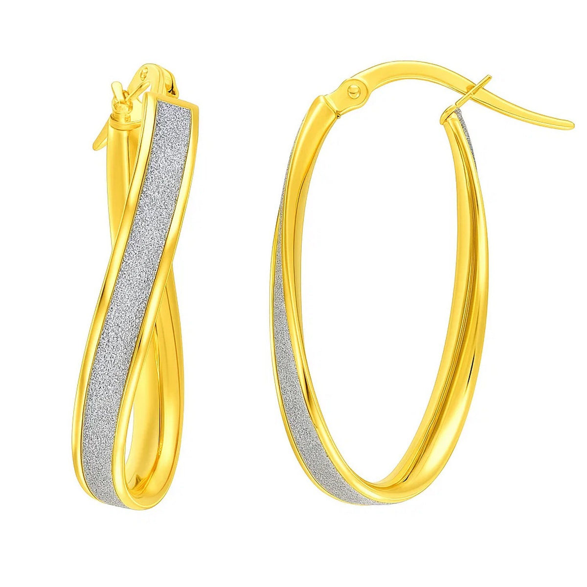 14k White Gold Oval Hoop Twist Glittery Earrings