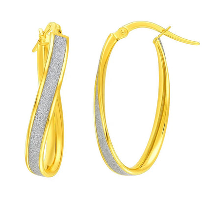 14k White Gold Oval Hoop Twist Glittery Earrings