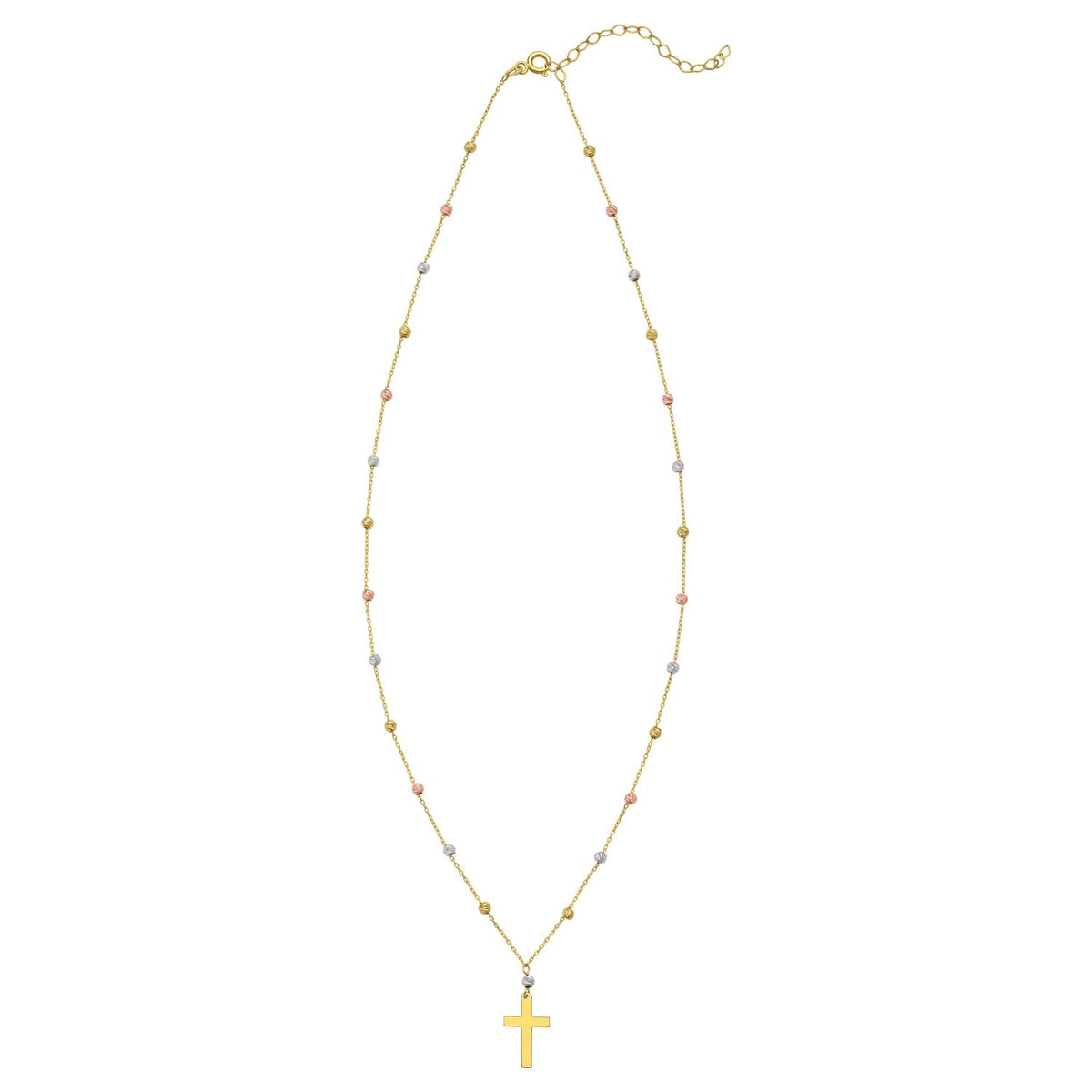 14K Tri Color Gold Beaded Cross Necklace