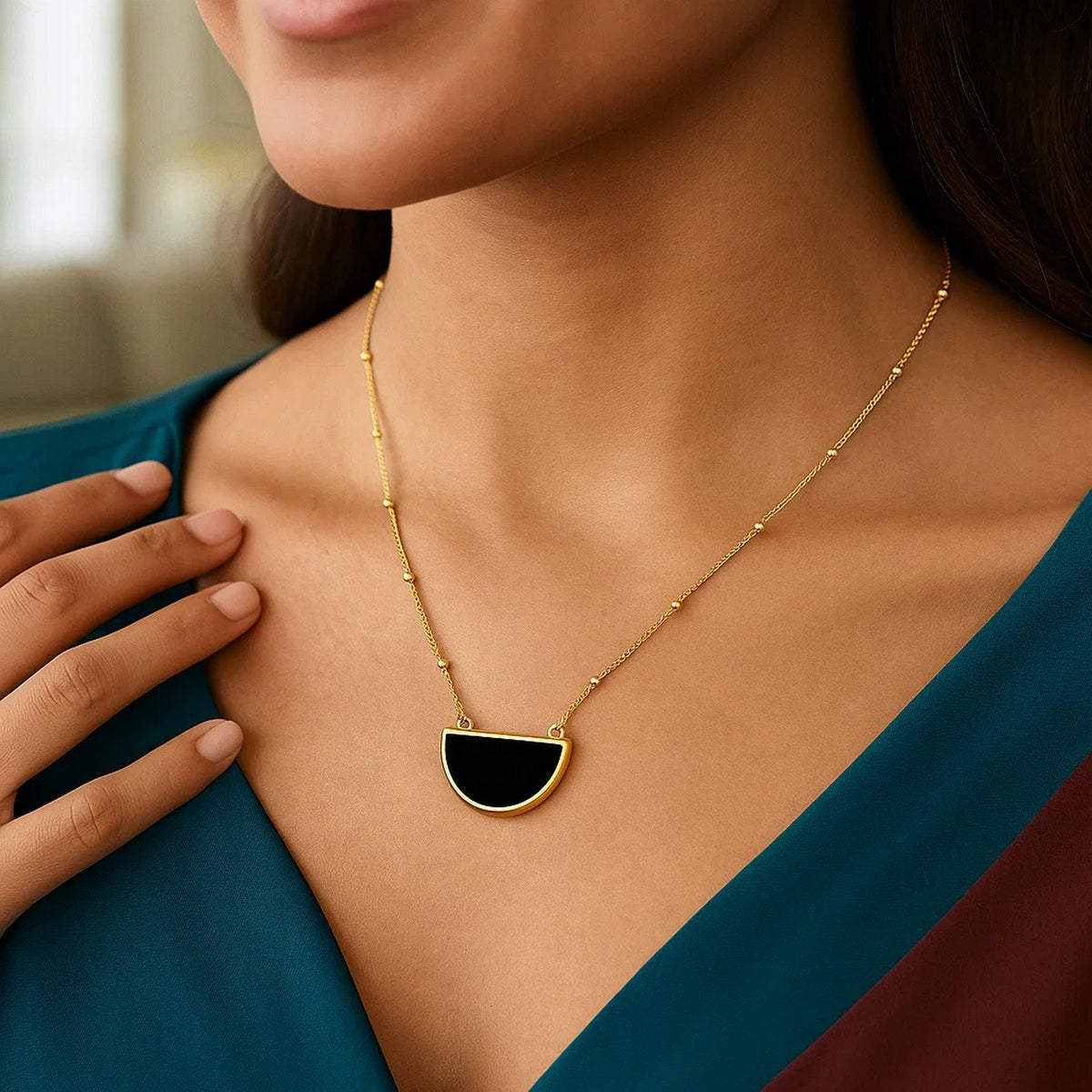 Onyx Geometric Half Moon Necklace in 14K Yellow Gold