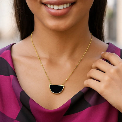 Onyx Geometric Half Moon Necklace in 14K Yellow Gold