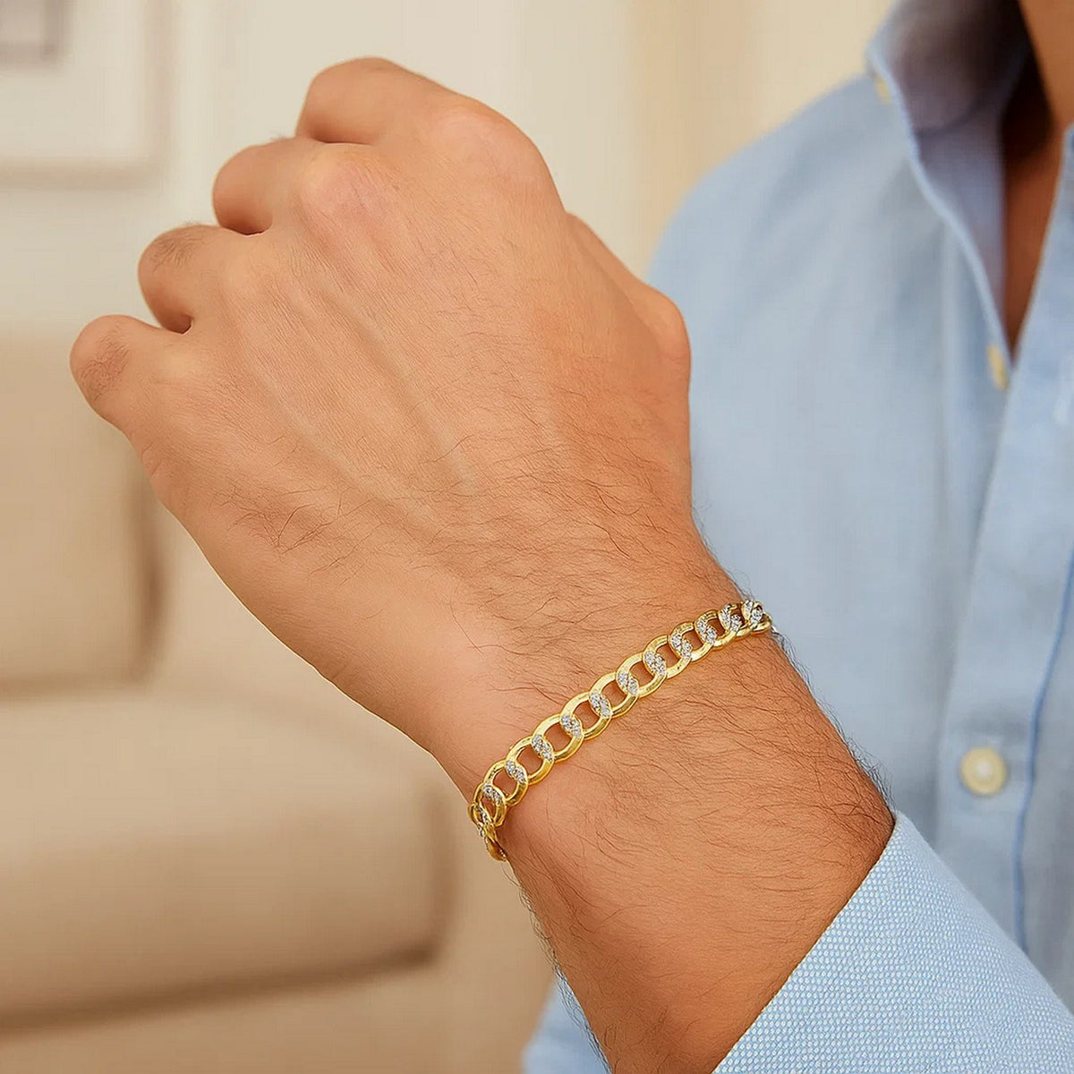 14k Two Tone Gold Pave Curb Bracelet (9.70 mm)