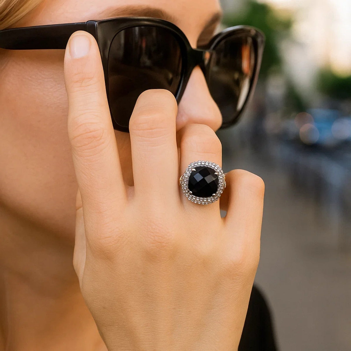 18k Yellow Gold & Sterling Silver Black Onyx and Diamond Popcorn Cushion Ring