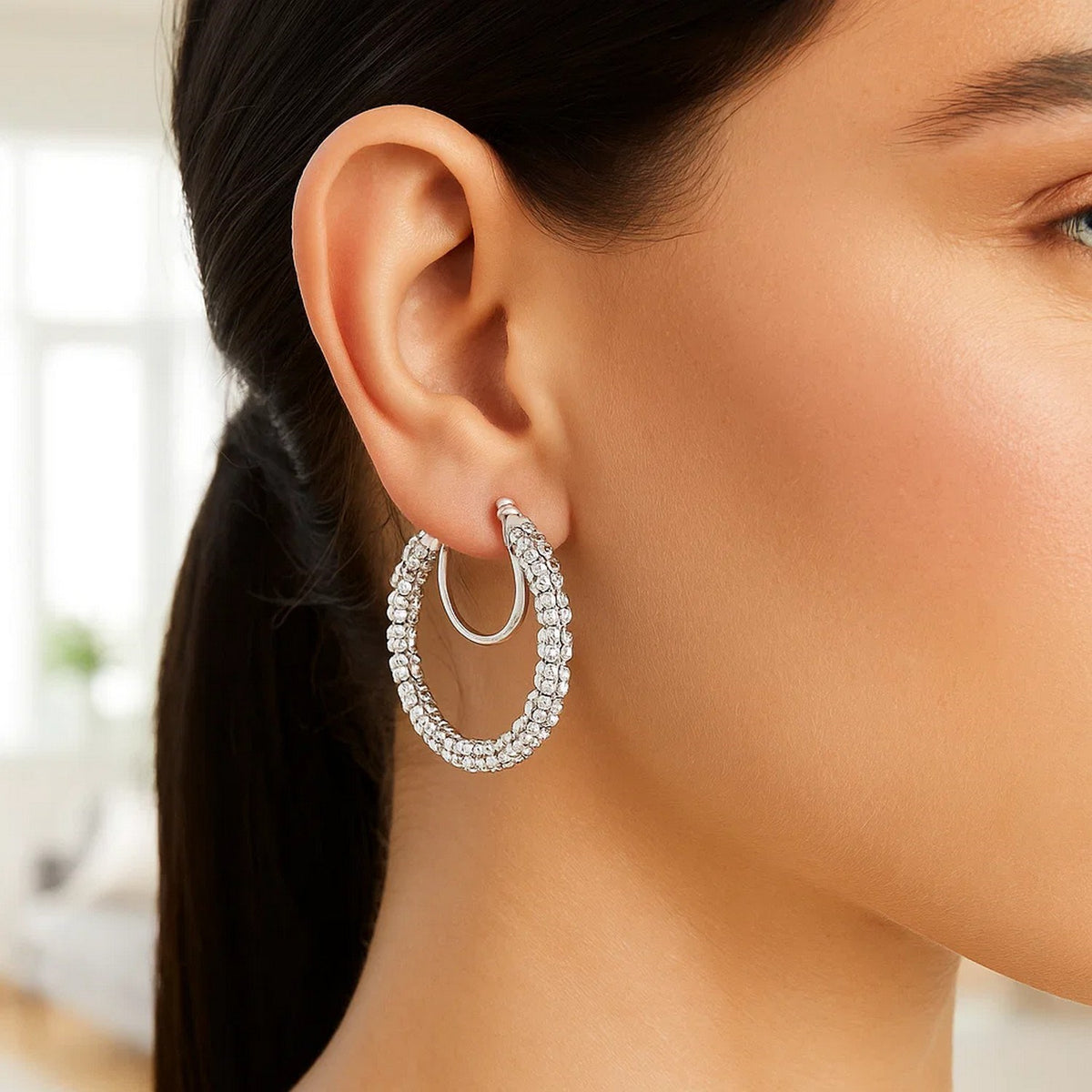 14K White Gold Ice Chain Round Hoops Earrings