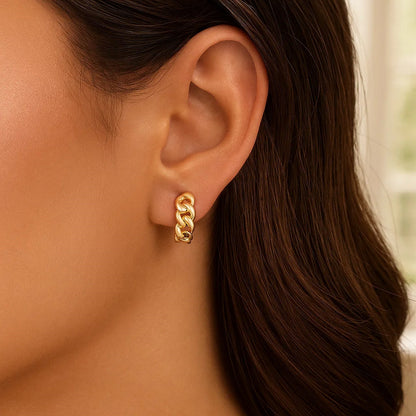 14K Yellow Gold Thick Curb Chain Huggie Hoop Earrings