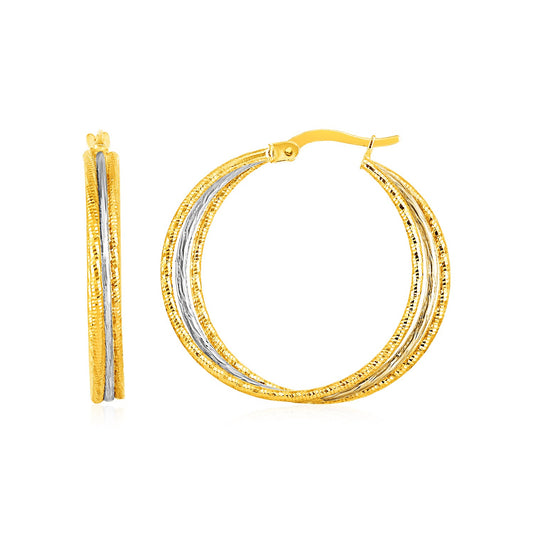 Three Part Textured Hoop Earrings in 14k Yellow and