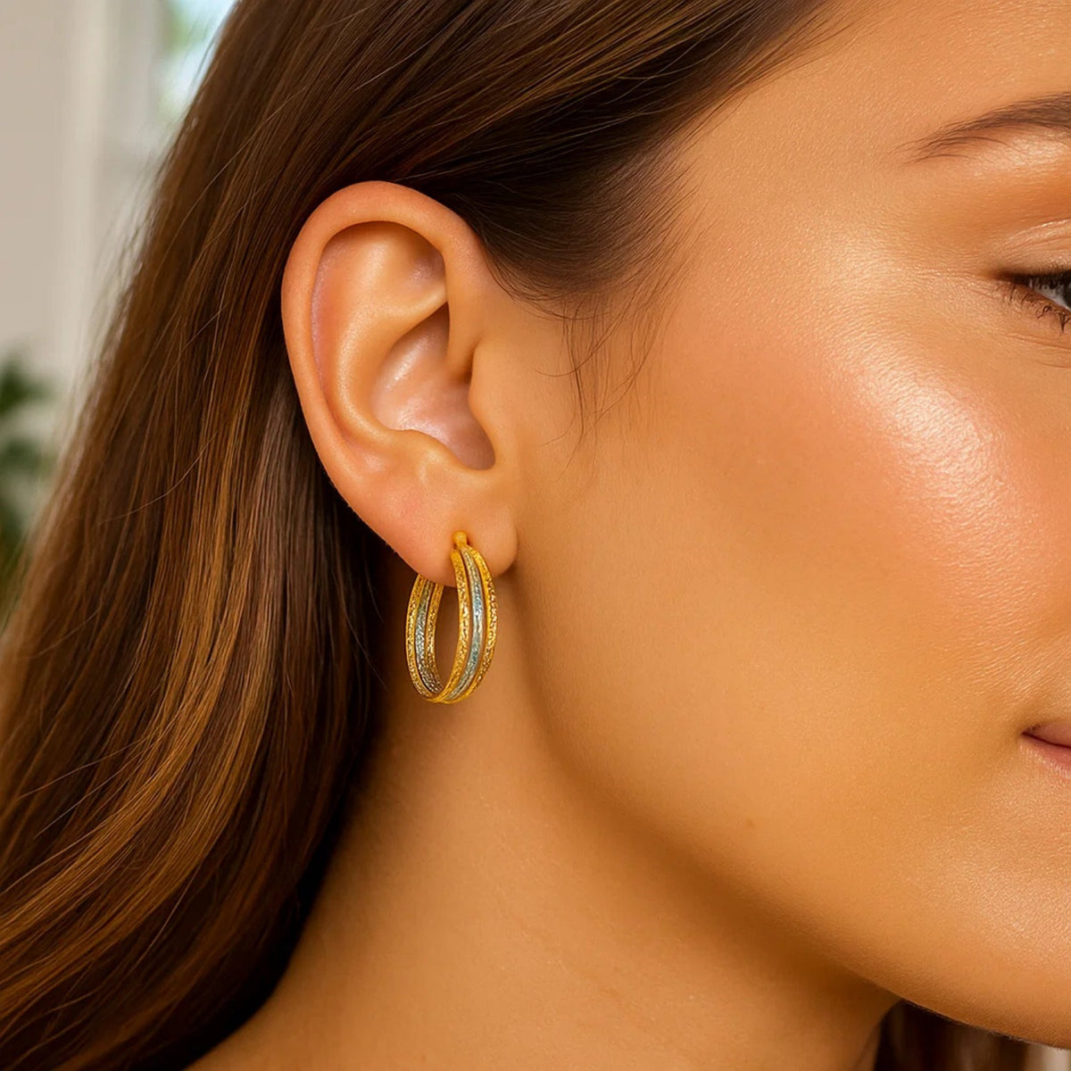 Three Part Textured Hoop Earrings in 14k Yellow and