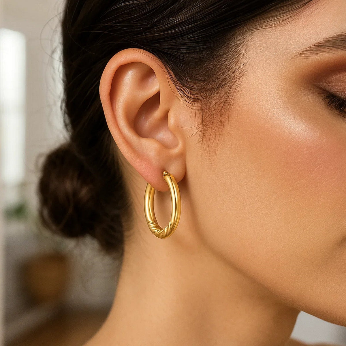 14K Yellow Gold Twisted Medium Hoop Earrings