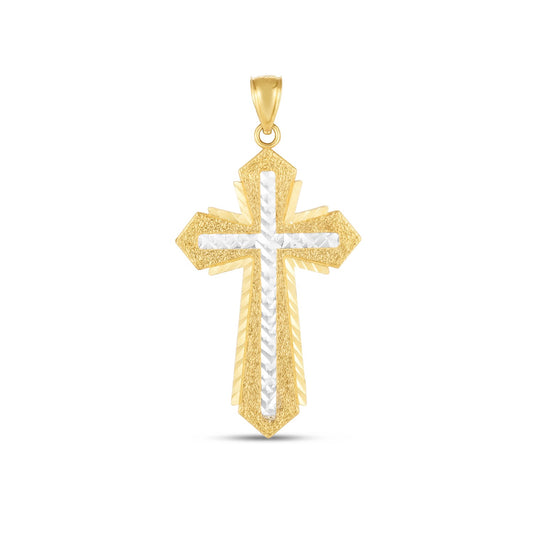 14k Two Tone Gold High Polish Diamond Cut Cross Pendant - 0382