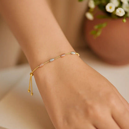 14k Tri-Color Gold Textured Oval Station Lariat Style Bracelet (1.20 mm)