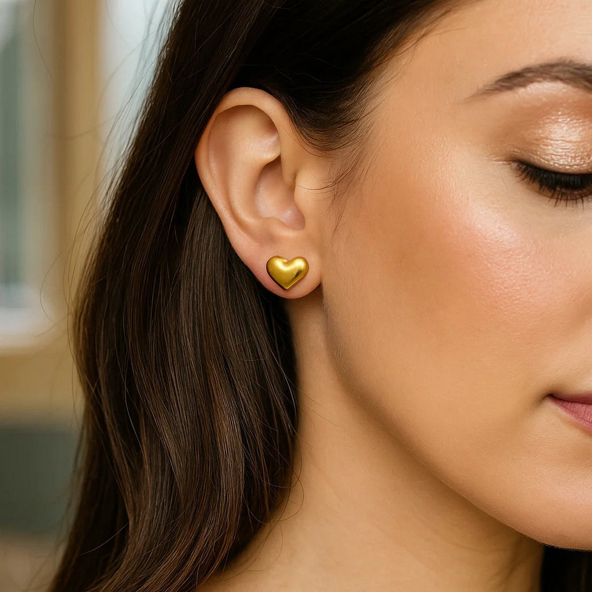 14K Yellow Gold Puffed Heart Stud Earrings