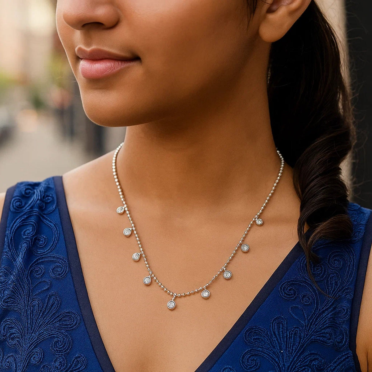 14k White Gold Necklace with Round Diamond Charms