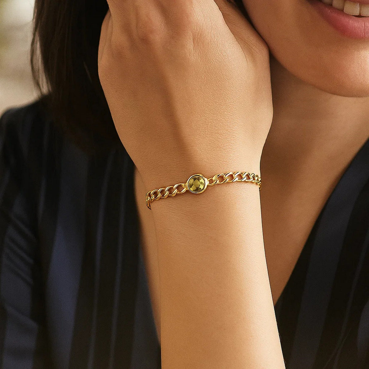 14K Yellow Gold Peridot Curb Chain Bracelet (3.60 mm)