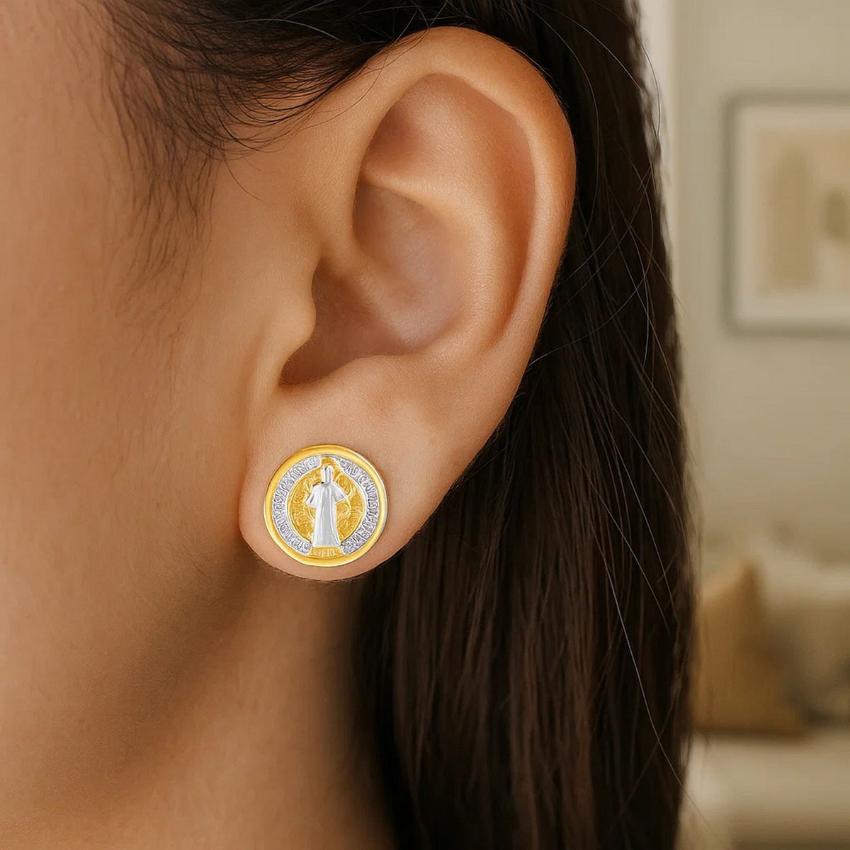 14k Two Tone Gold Round Religious Medal Post Earrings