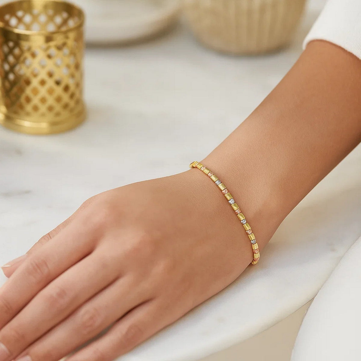 Tri Color Diamond Cut Bead Bracelet in 14K Gold