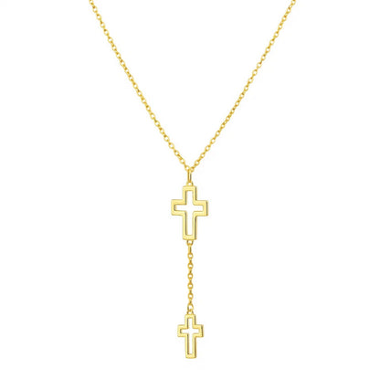 Double Cross Drop Necklace in 14K Yellow Gold