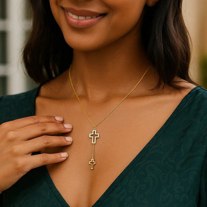 Double Cross Drop Necklace in 14K Yellow Gold