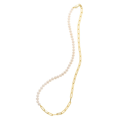 5mm Pearl and Lite Paperclip Necklace in 14K Yellow Gold