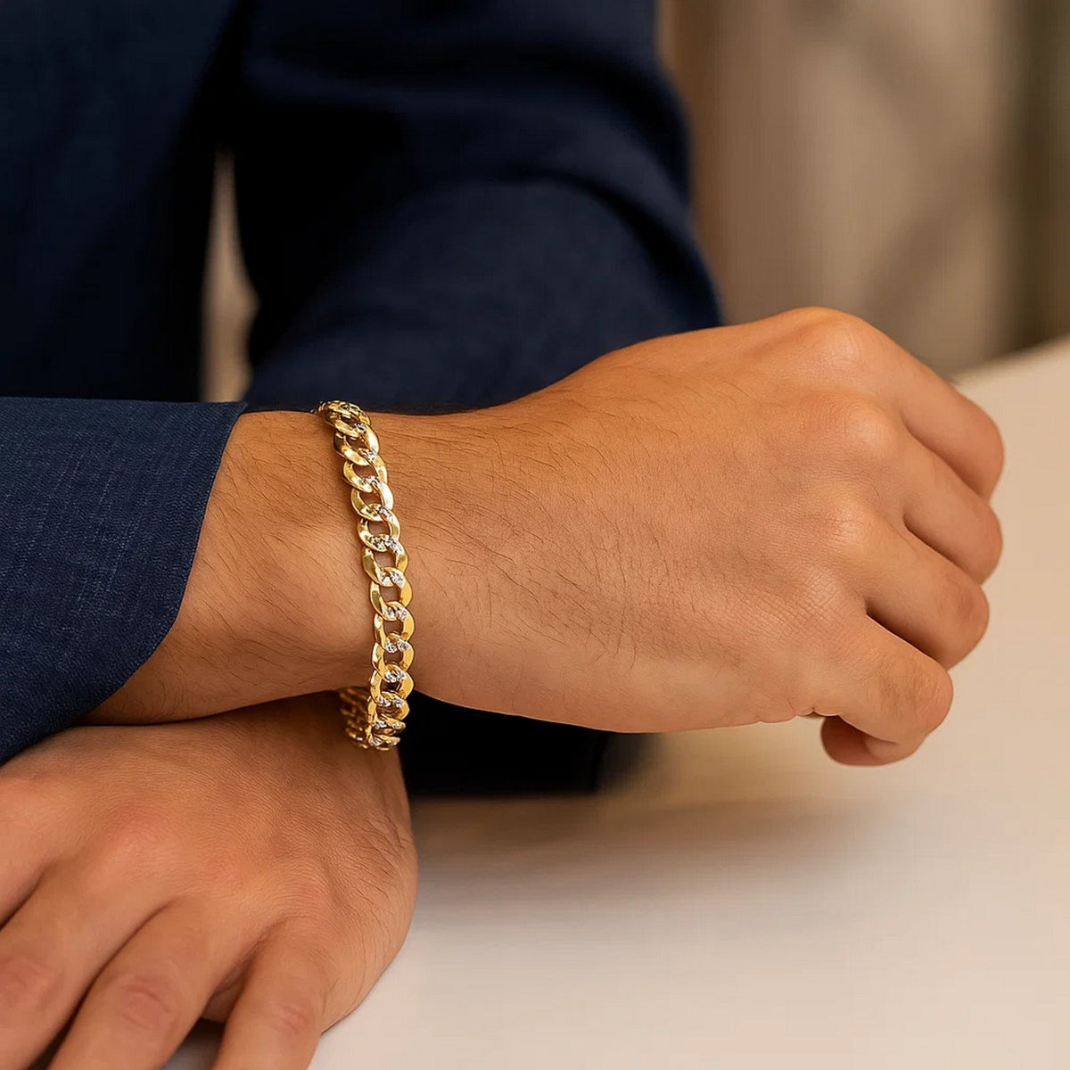 14k Two Tone Gold Pave Curb Bracelet (9.70 mm)