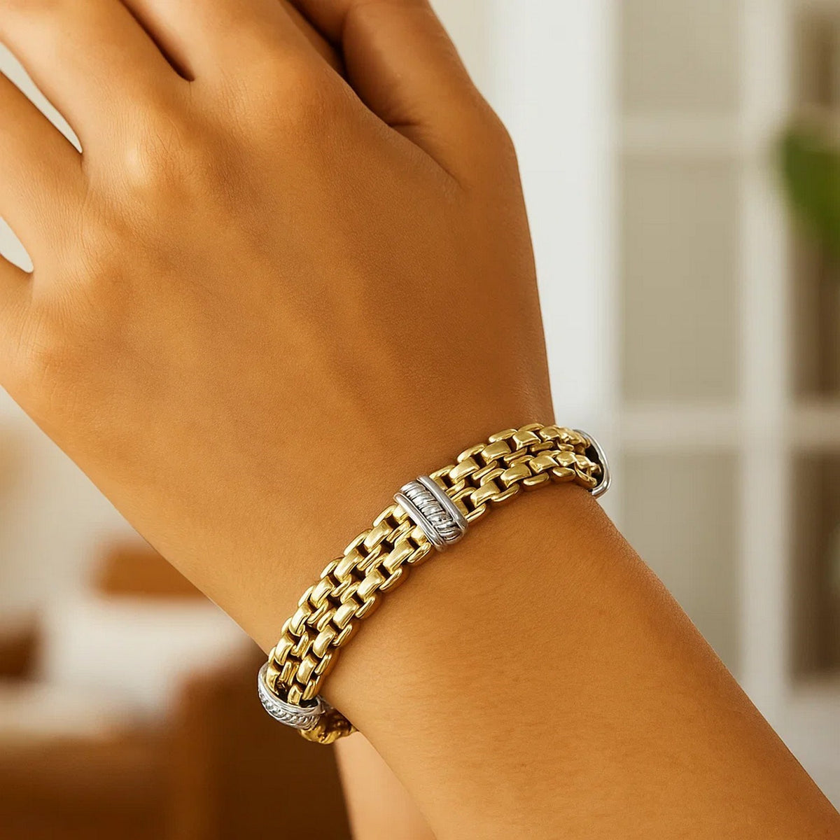 14K Two Tone Venetian Box Double Row Panther Lite Bracelet