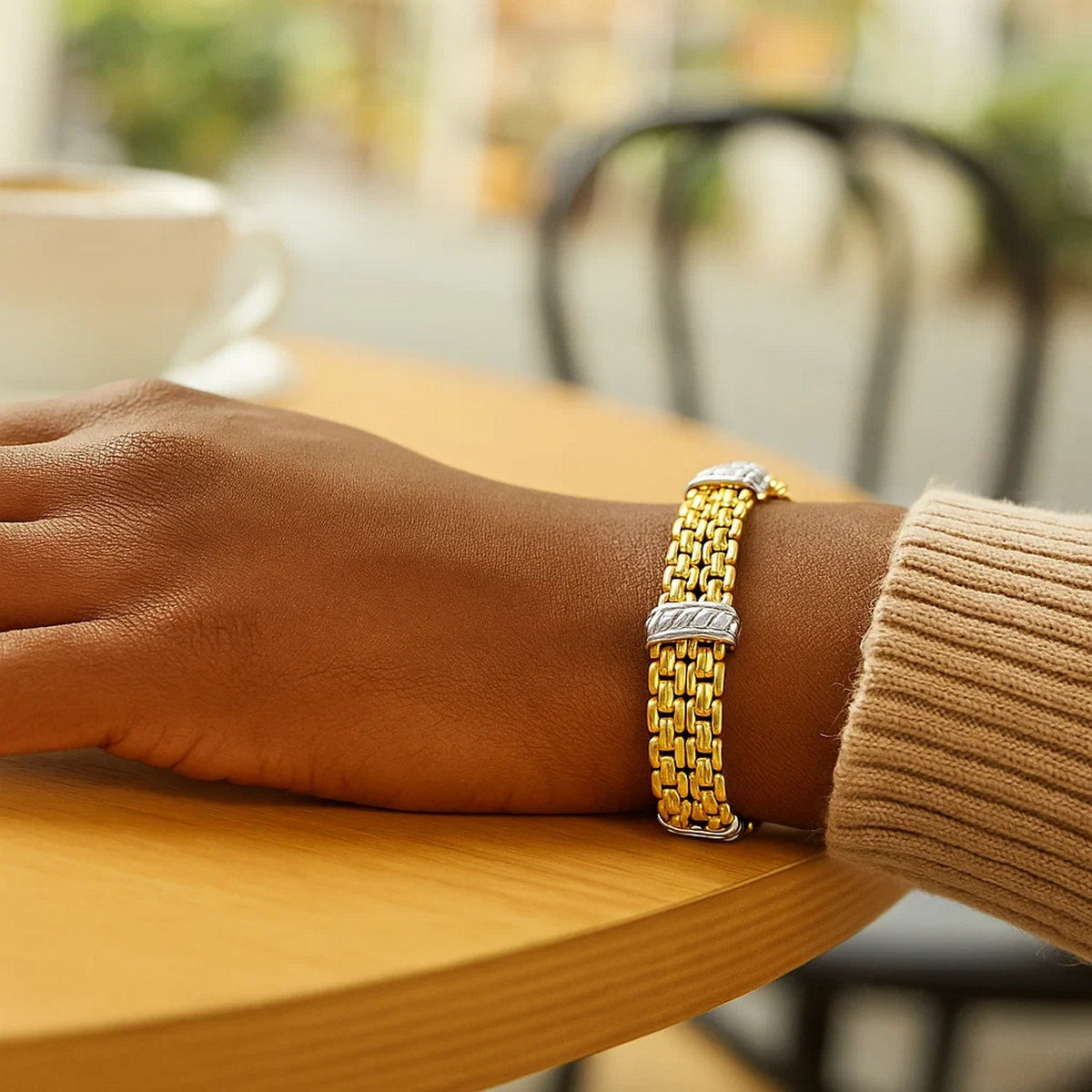 14K Two Tone Venetian Box Double Row Panther Lite Bracelet