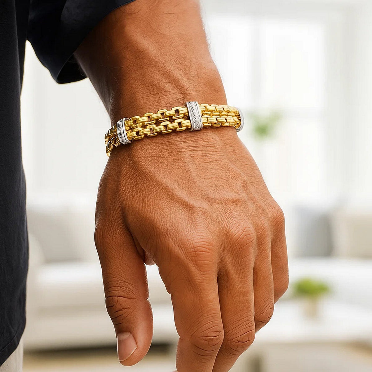 14K Two Tone Venetian Box Double Row Panther Lite Bracelet