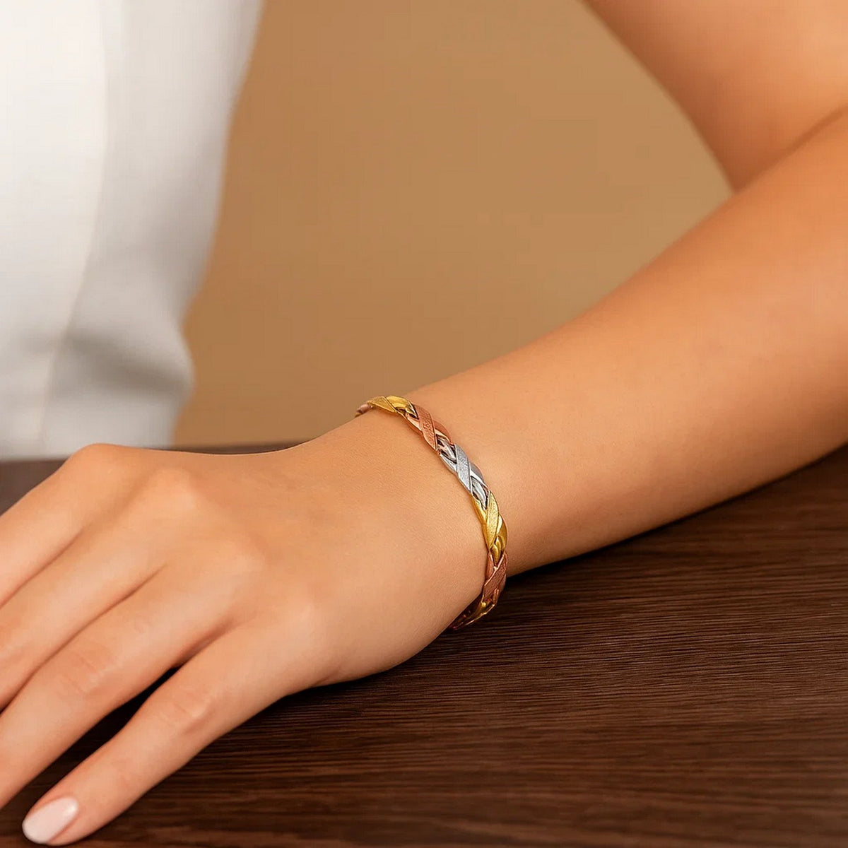 14k Tri-Color Gold Shiny and Textured X Link Bracelet (6.35 mm)