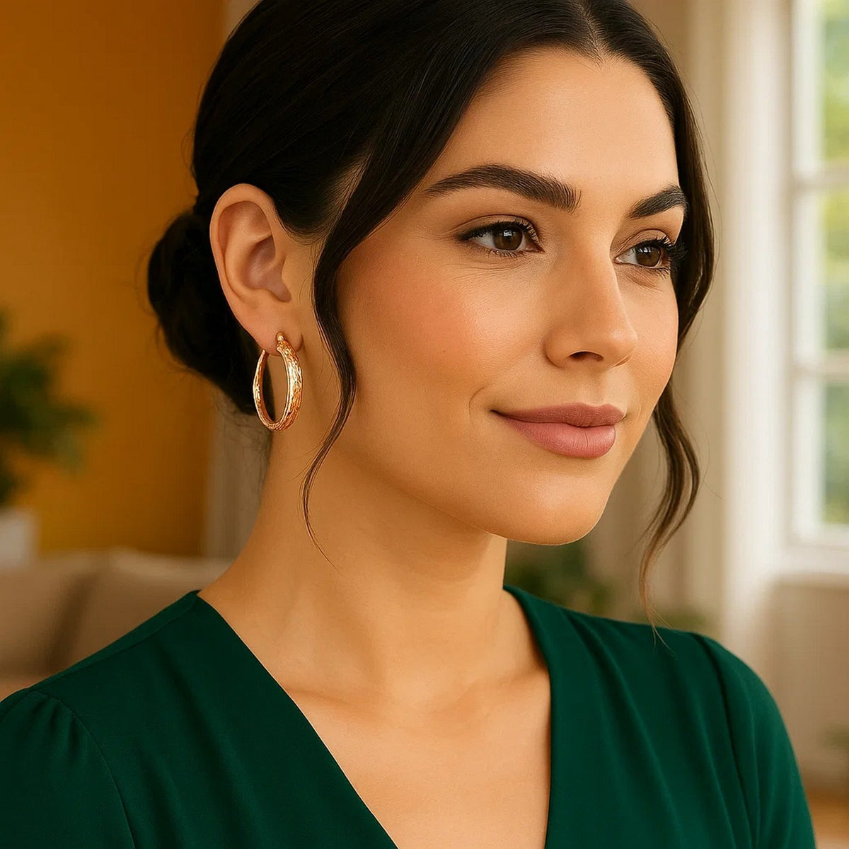 14k Rose Gold Hammered Oval Hoop Earrings