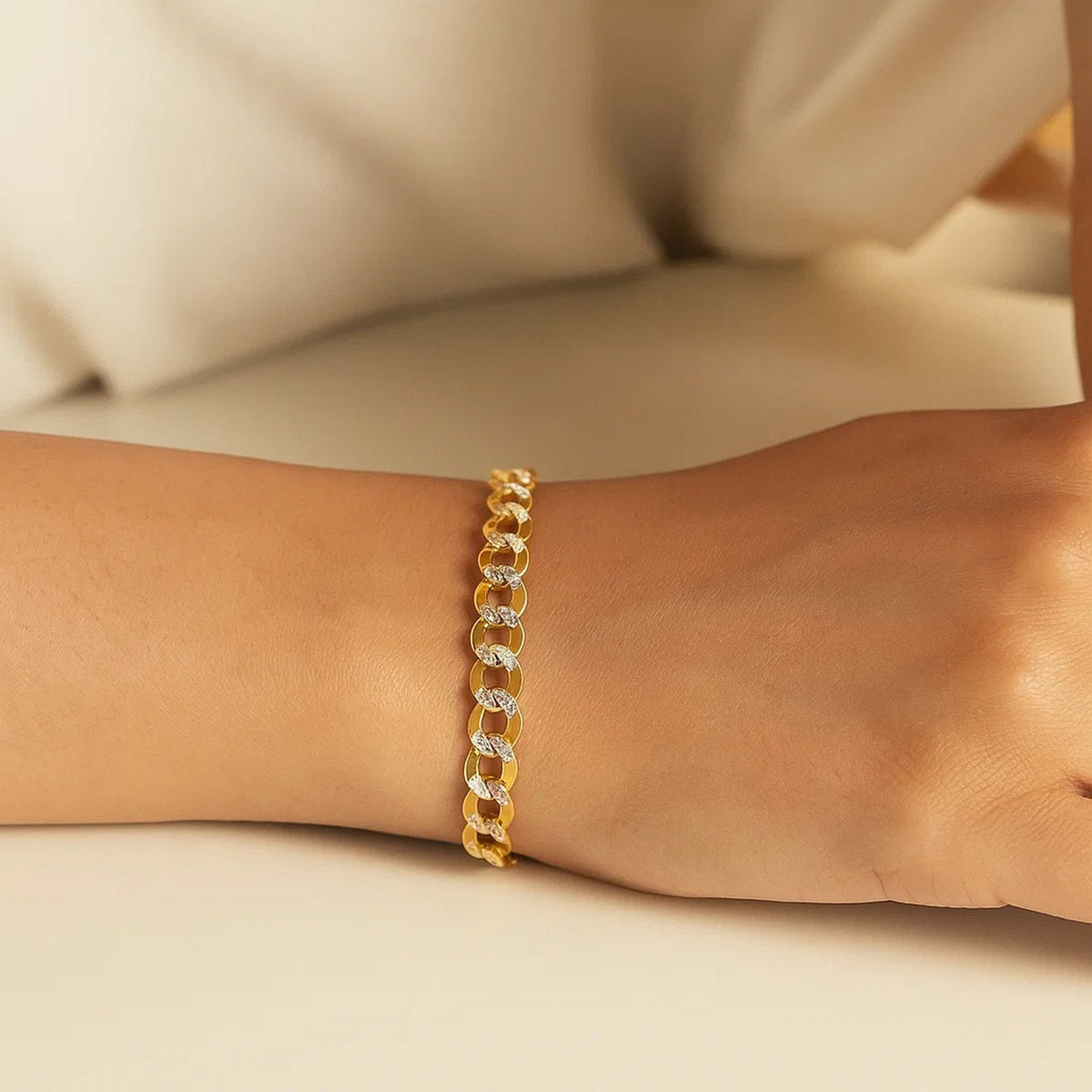 14k Two Tone Gold Pave Curb Bracelet (9.70 mm)
