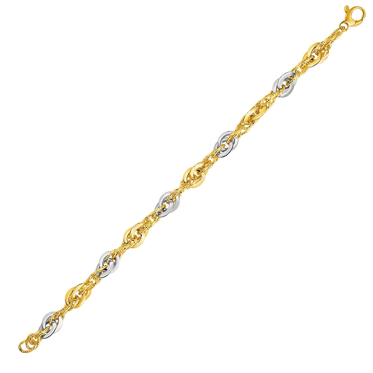 14k Two-Tone Yellow and Double Link Textured Bracelet (10.00 mm)