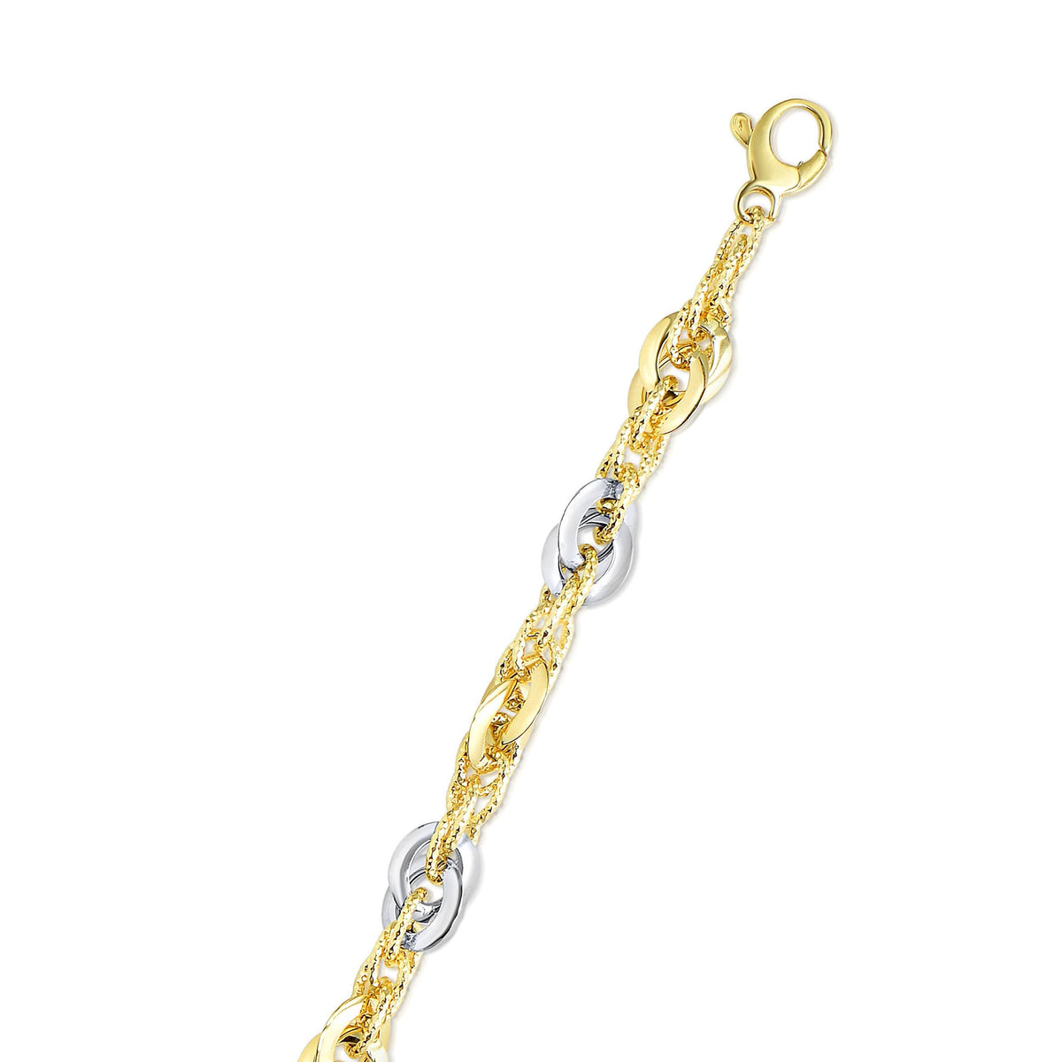 14k Two-Tone Yellow and Double Link Textured Bracelet (10.00 mm)