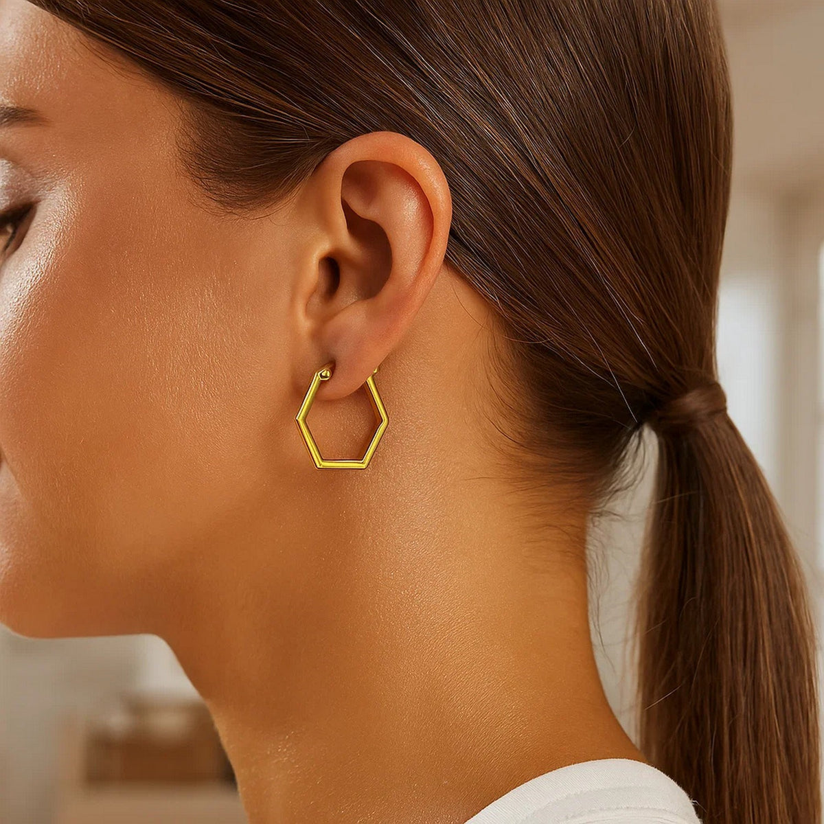 14K Yellow Gold Hexagon Shaped Hoop Earrings