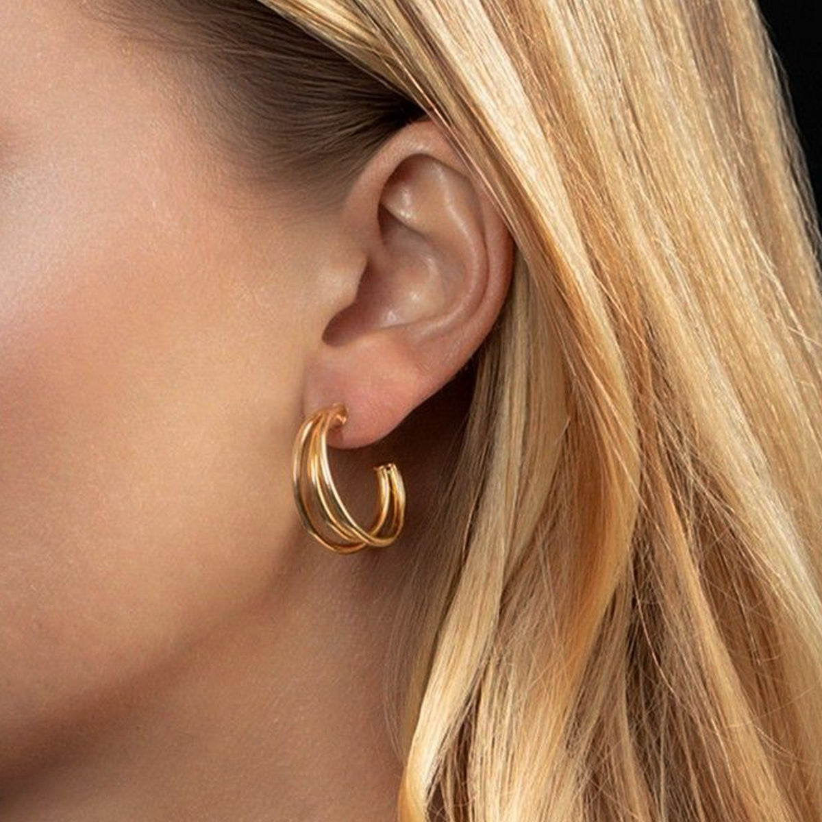 14K Yellow Gold Triple Row C Hoop Earrings