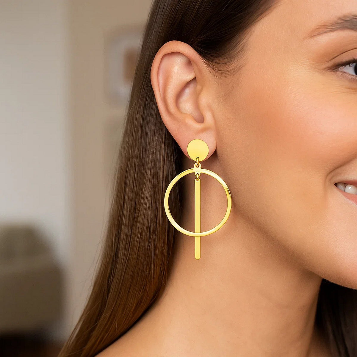 14K Yellow Gold Polished Circle and Bar Earrings