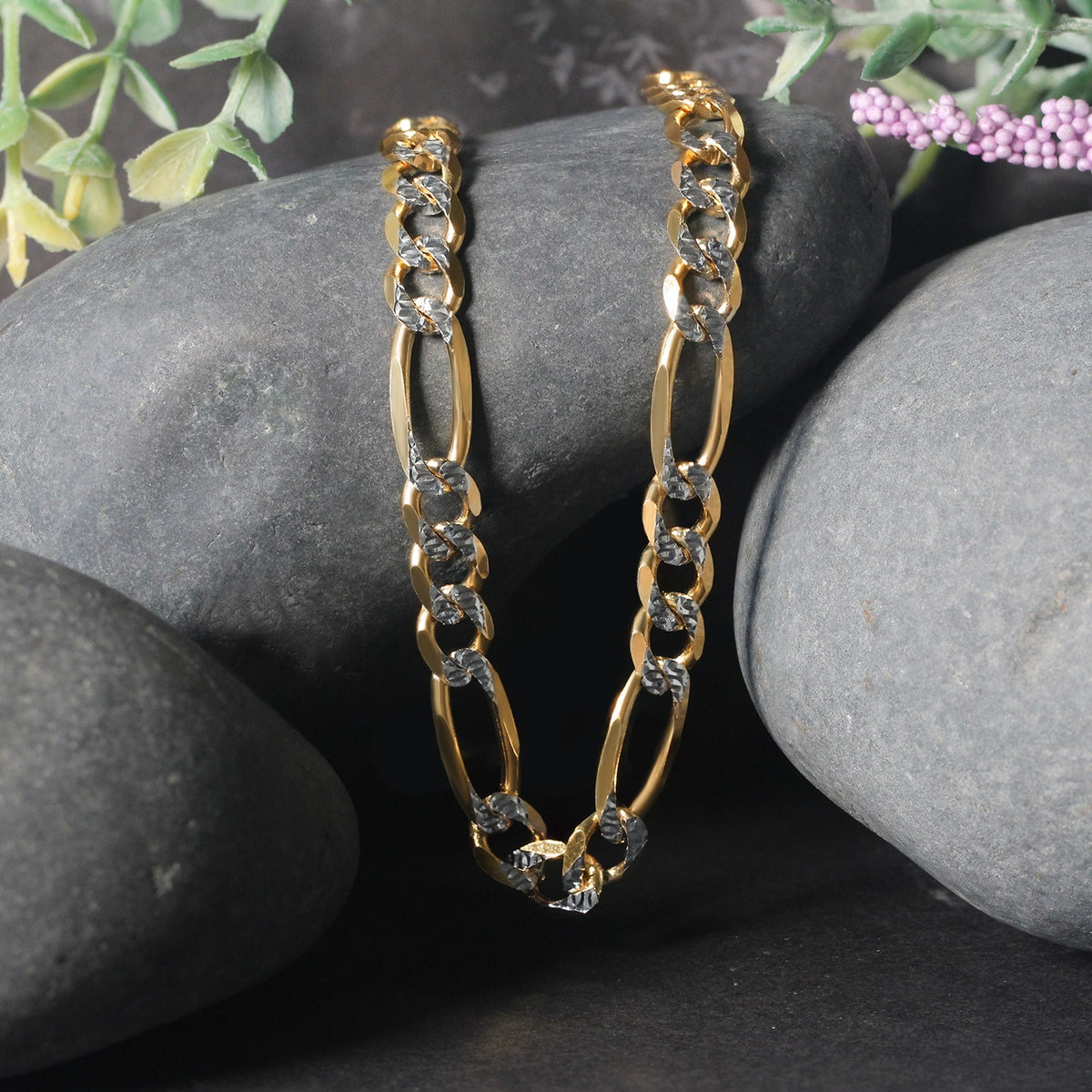 14K Yellow Gold Solid Pave Figaro Chain