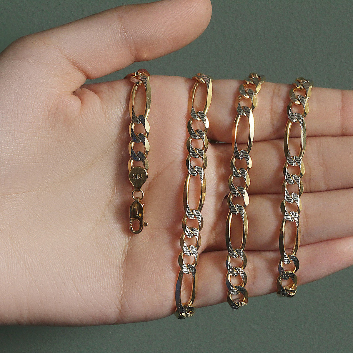 14K Yellow Gold Solid Pave Figaro Chain