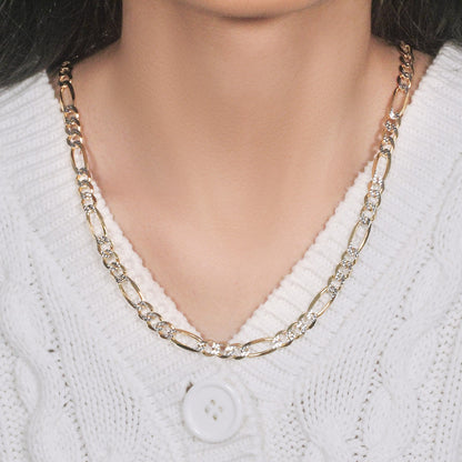 14K Yellow Gold Solid Pave Figaro Chain